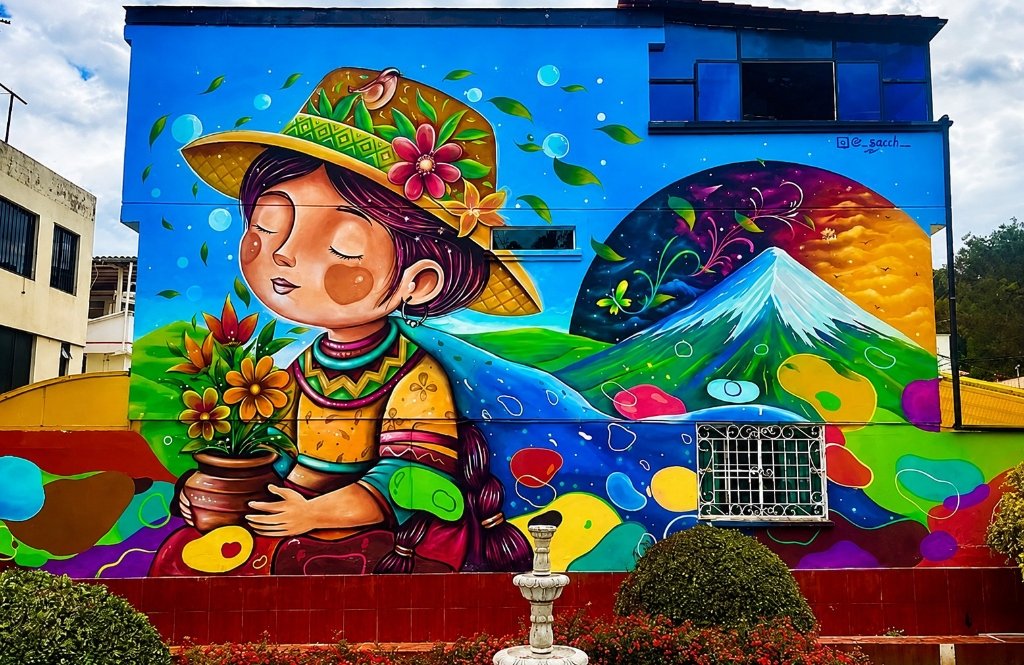 Mural Niña Andina y Volcán